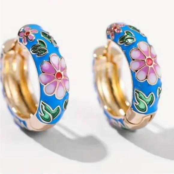 Colorful Festival Floral Blue and Gold Hoop Earrings - Picture 4 of 12